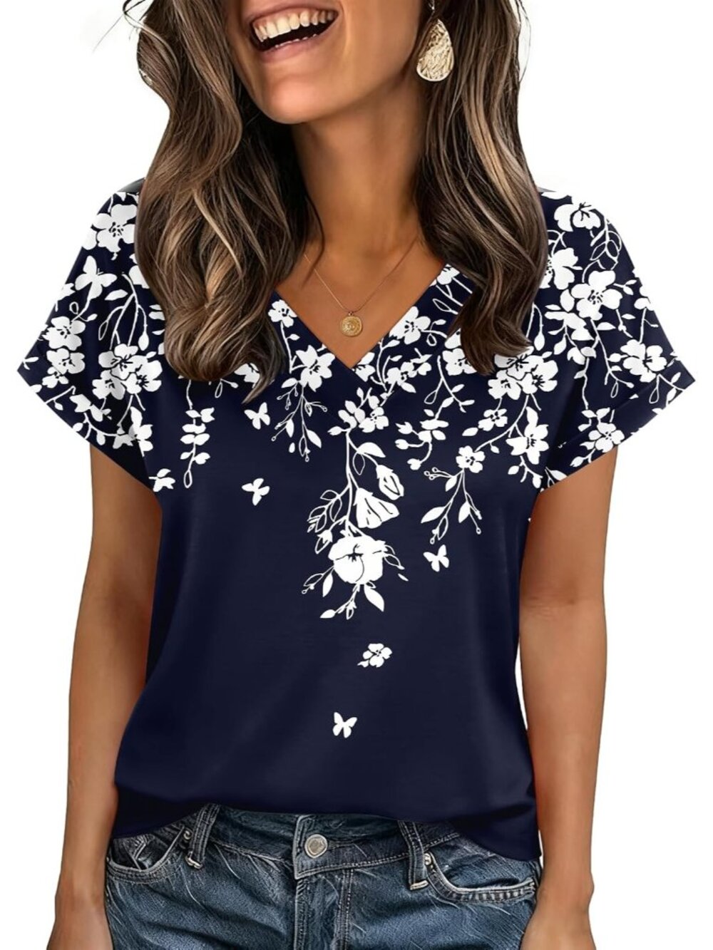 Women's Blue Flower Short Sleeve V Neck Basic Tees Shirts Casual Tops Blouses